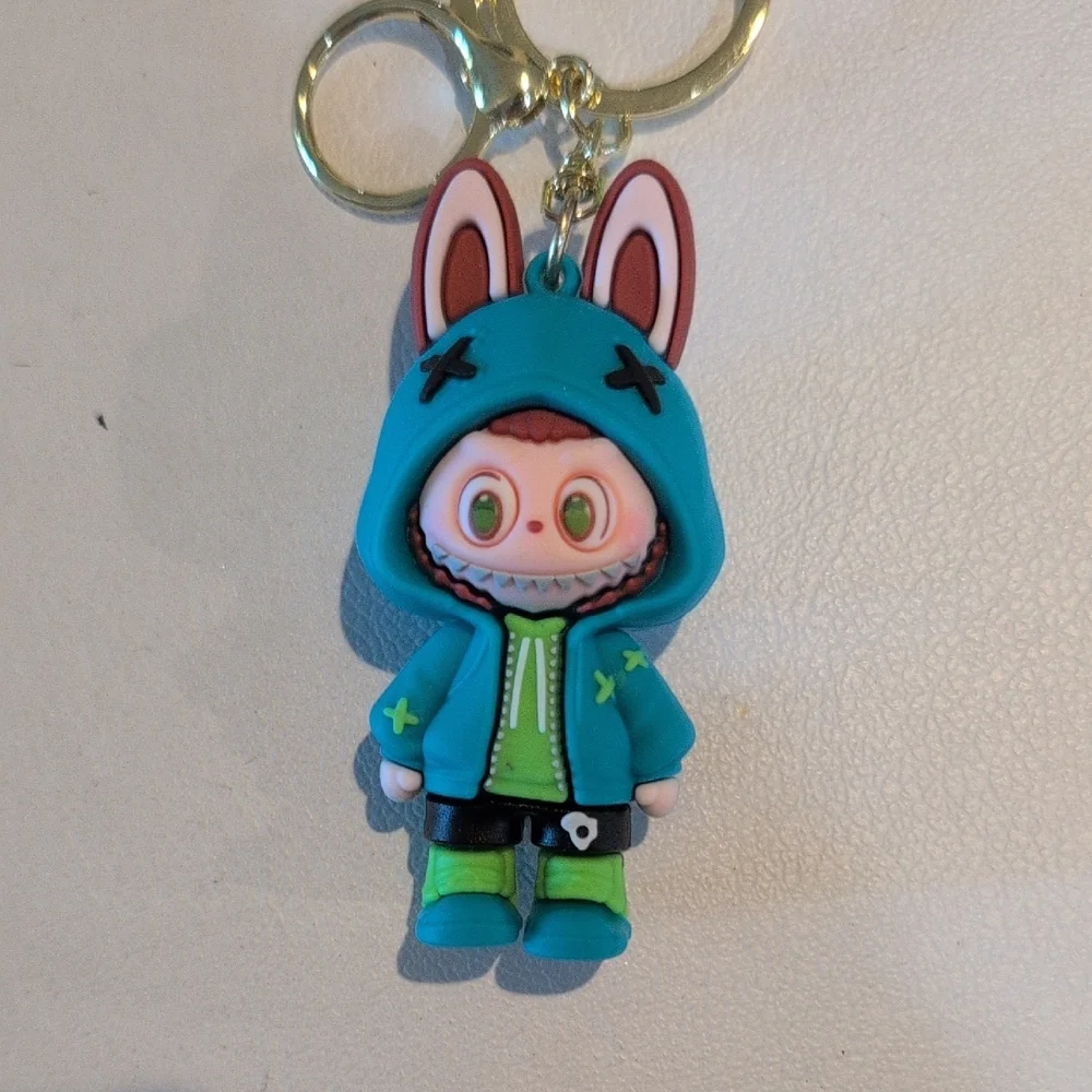 Cute Bunny Keychain with Green and Blue Outfit